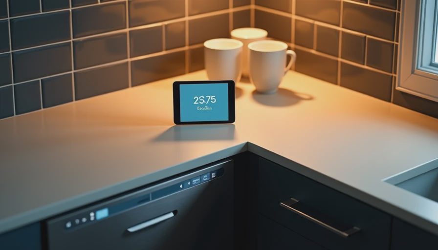 Kitchen counter with device showing dishwasher automation notification at evening