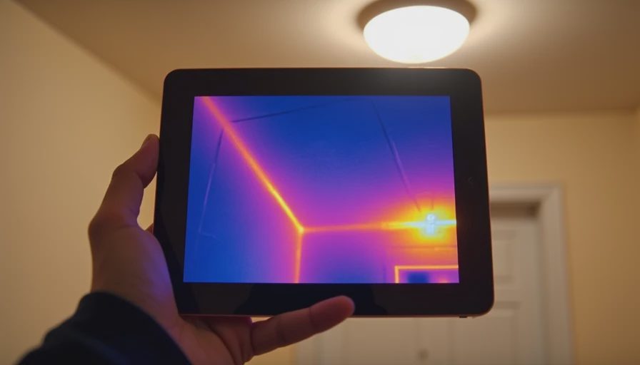 Infrared camera view showing cold air leaks at ceiling junction and recessed light