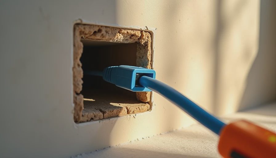 Small drywall cutout with low-voltage bracket and Cat6 cable during Ethernet install