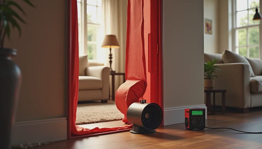 Blower-door test equipment sealed in a residential doorway during home energy audit