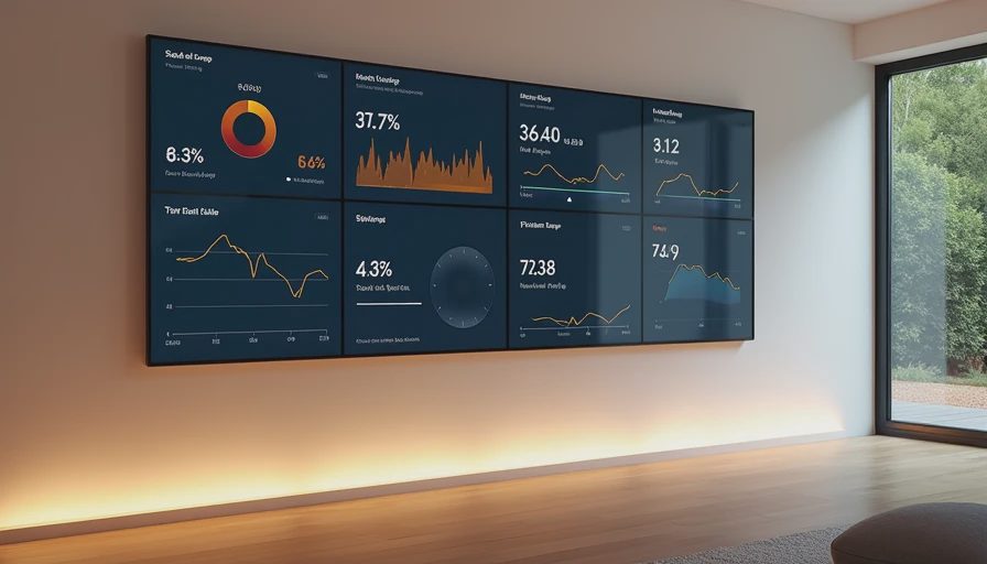 Multi-panel energy dashboard showing stable solar, heat-pump and climate data